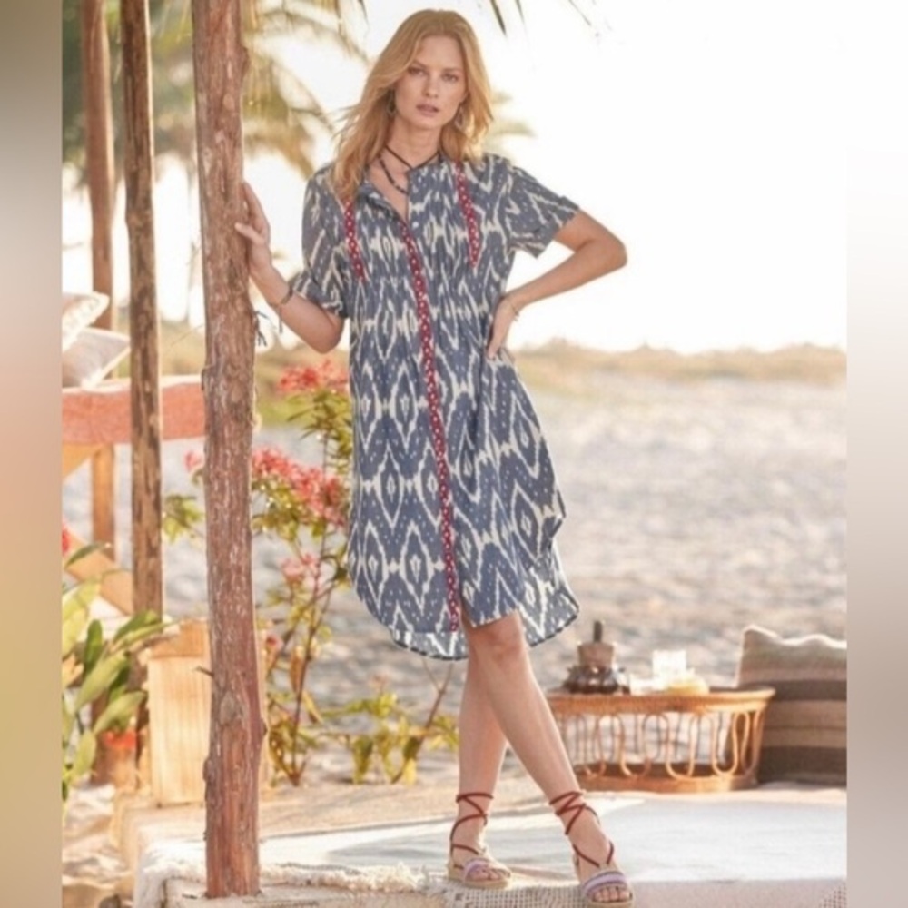 SUNDANCE Dress Isabel Blue and Red Embroidered Ikat Print Button Down Shirt